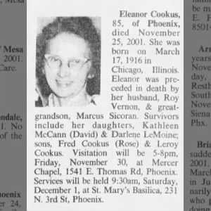 Obituary for Marcus Eleanor Cookus